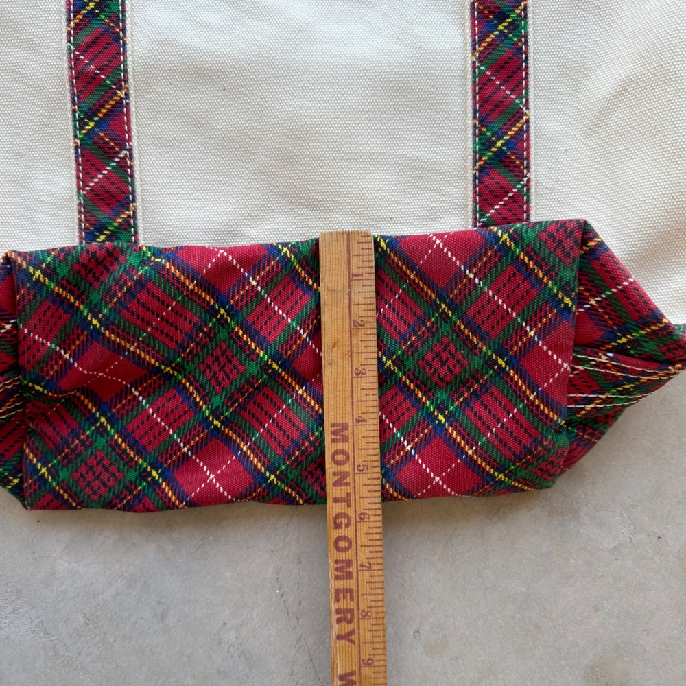 Lands End Canvas Tote Bag Cream Red Plaid Tartan Holiday Medium Open Top - Picture 7 of 7